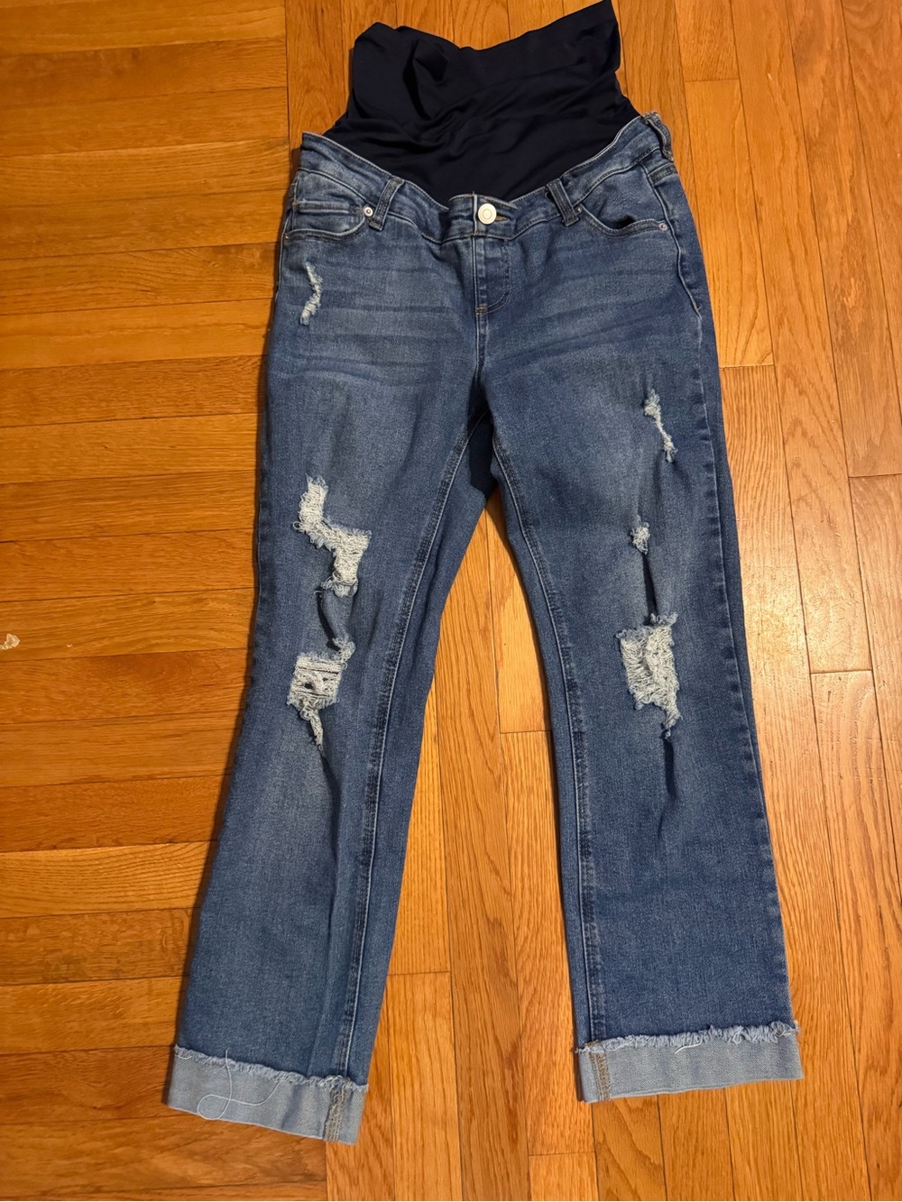 Time and Tru Distressed Blue Maternity Boyfriend Jeans with belly Panel